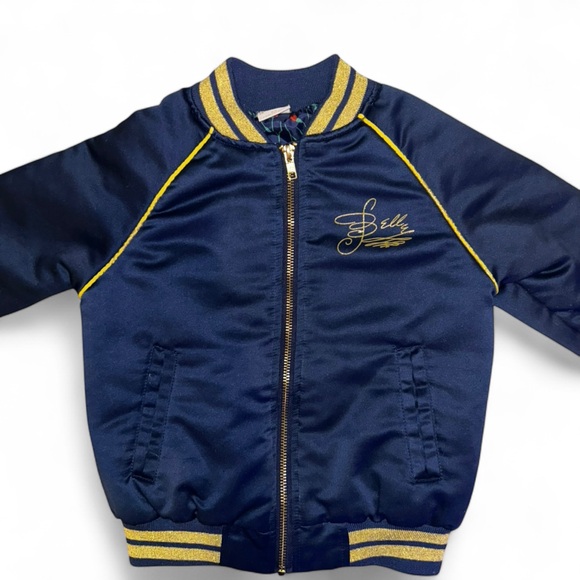Disney Other - Disney Sateen Embroidered Rose Belle Bomber Jacket Blue Gold Size XS